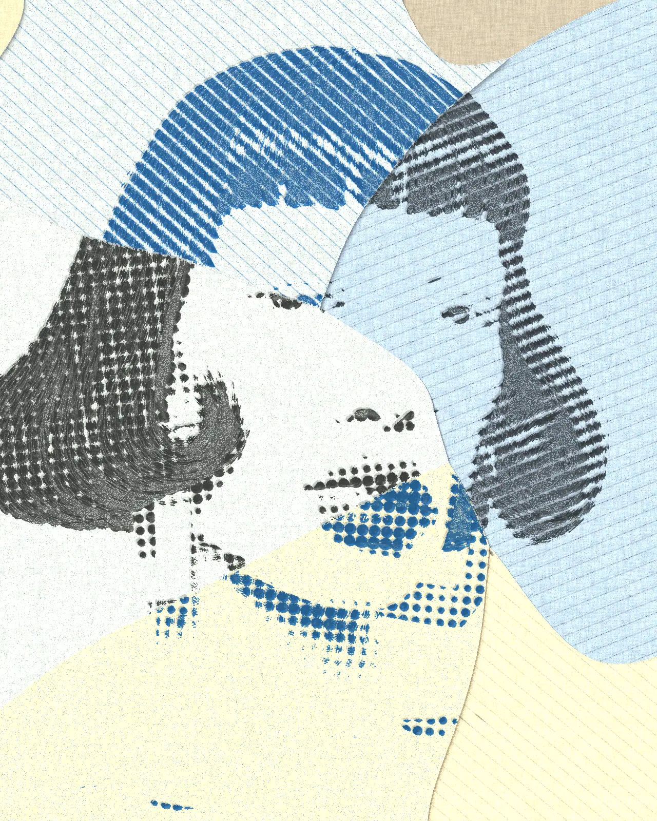 The portrait as a collage of torn cream, white and blue paper pieces, printed in black and blue halftone dots and diagonal line screens.