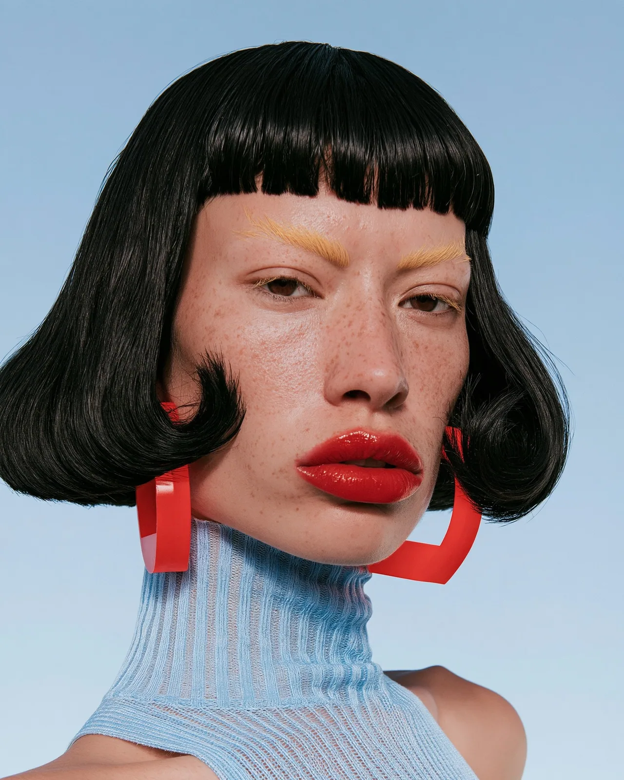 Portrait with a black bob and bangs, yellow brows, red lips, red hoop earrings and a pale blue ribbed turtleneck against a blue sky.