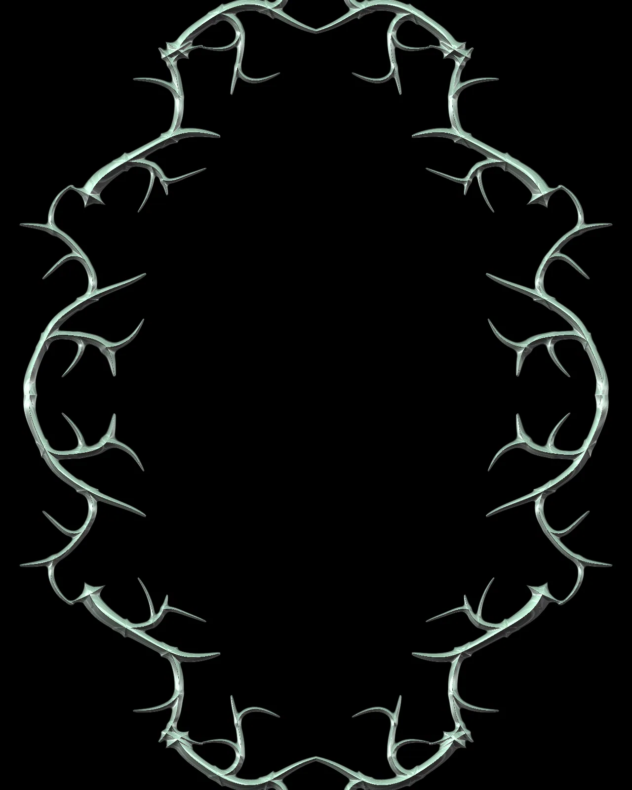 Pale green chrome thorn vines mirrored into a symmetrical oval frame with sharp curved spikes, on a solid black background.