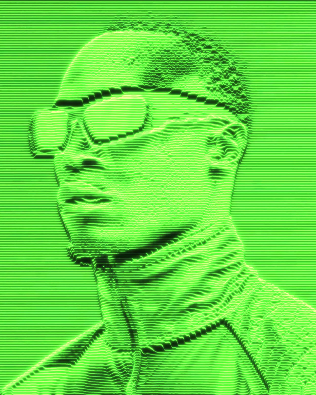 The same portrait redrawn as glowing green horizontal lines that bend into wavy contours, forming the head, sunglasses and collar in relief.