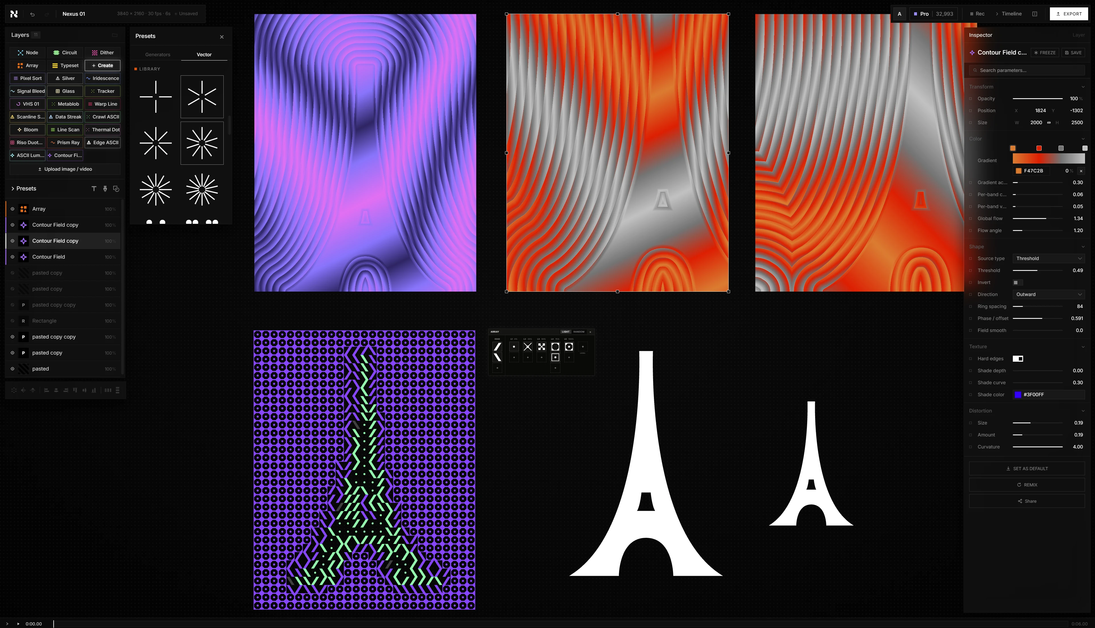 The Nexus editor: infinite canvas with layers, generator presets, per-parameter inspector and keyframe timeline
