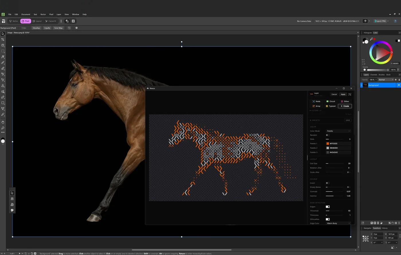 Nexus in Affinity: a Dither filter on a horse photo, with the Nexus window open