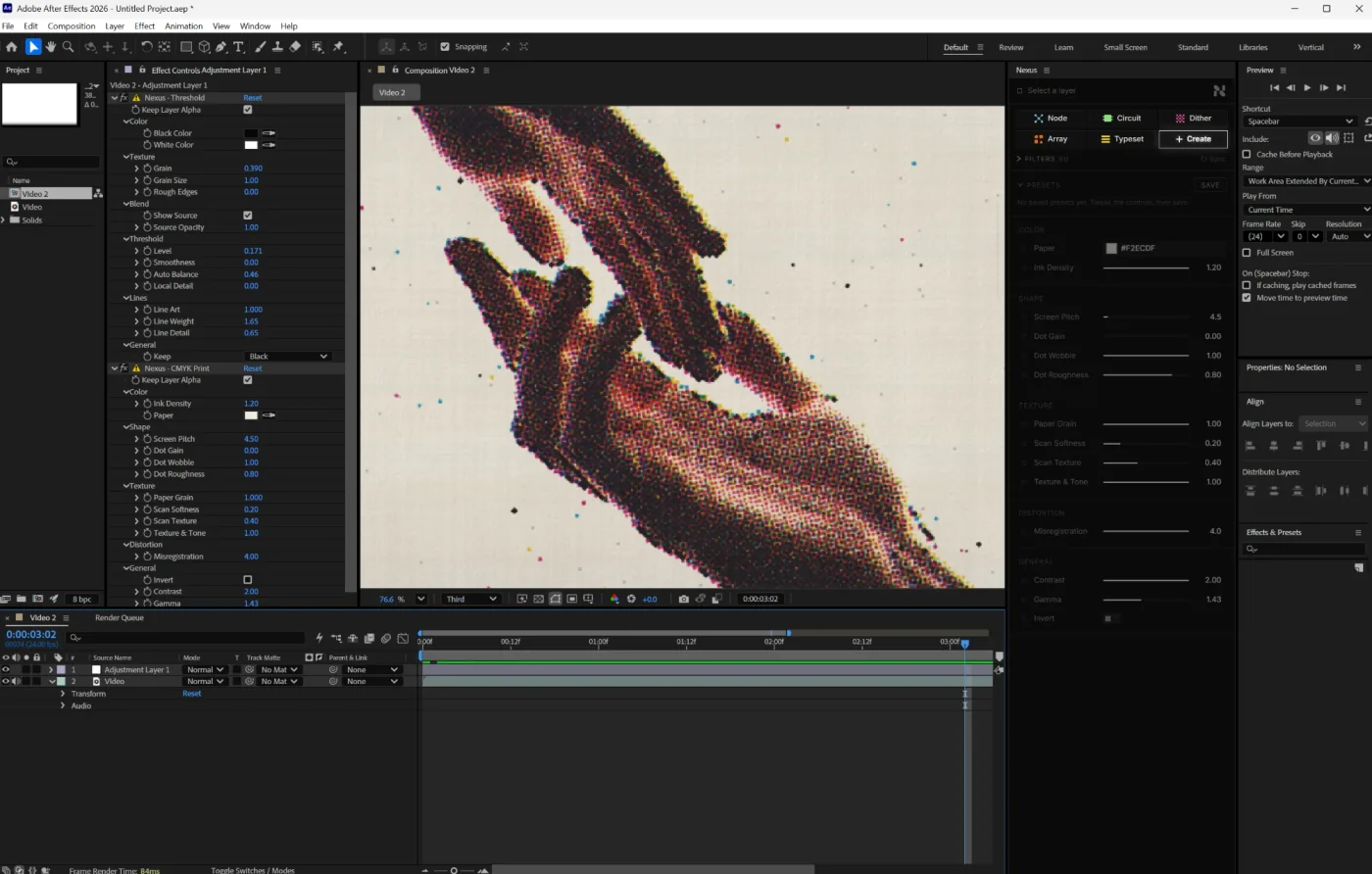 Nexus in After Effects: two Nexus effects on an adjustment layer, their controls in Effect Controls