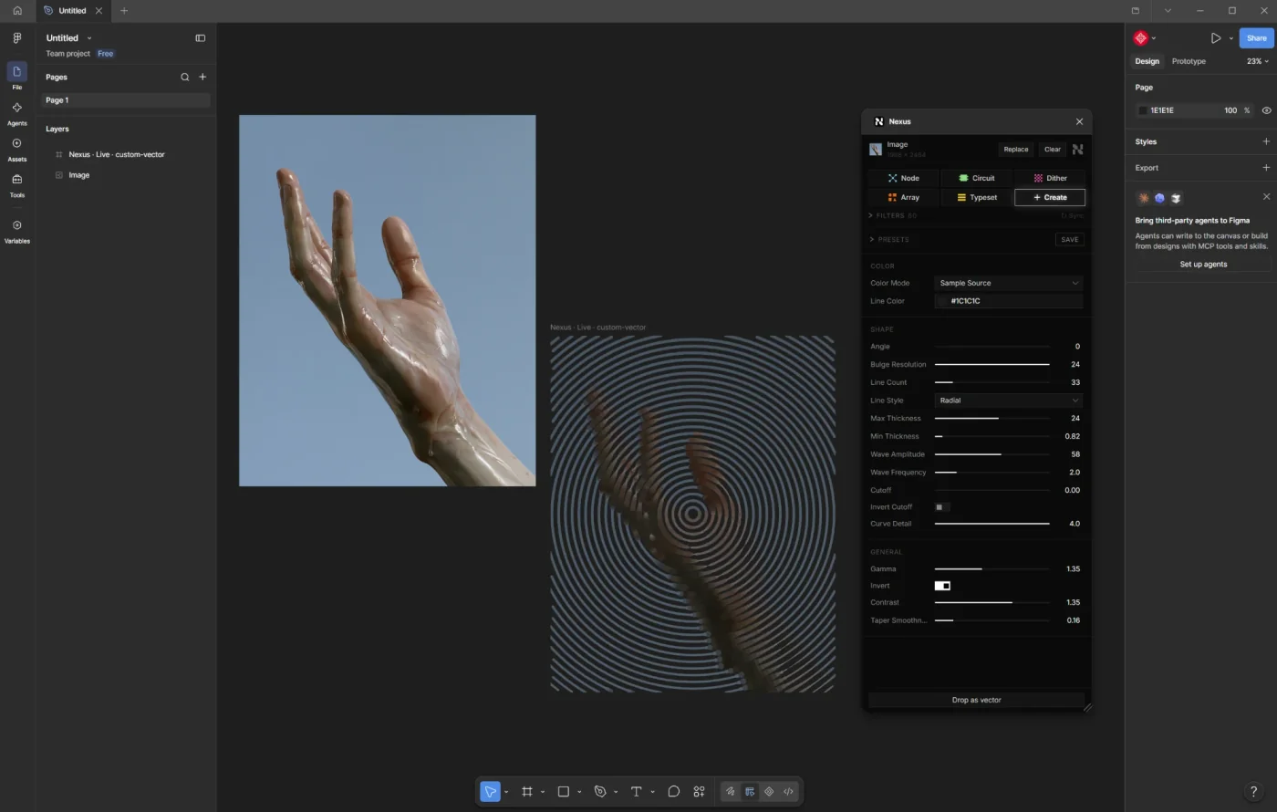 Nexus in Figma: a hand photo turned into radial lines, with the Nexus panel open