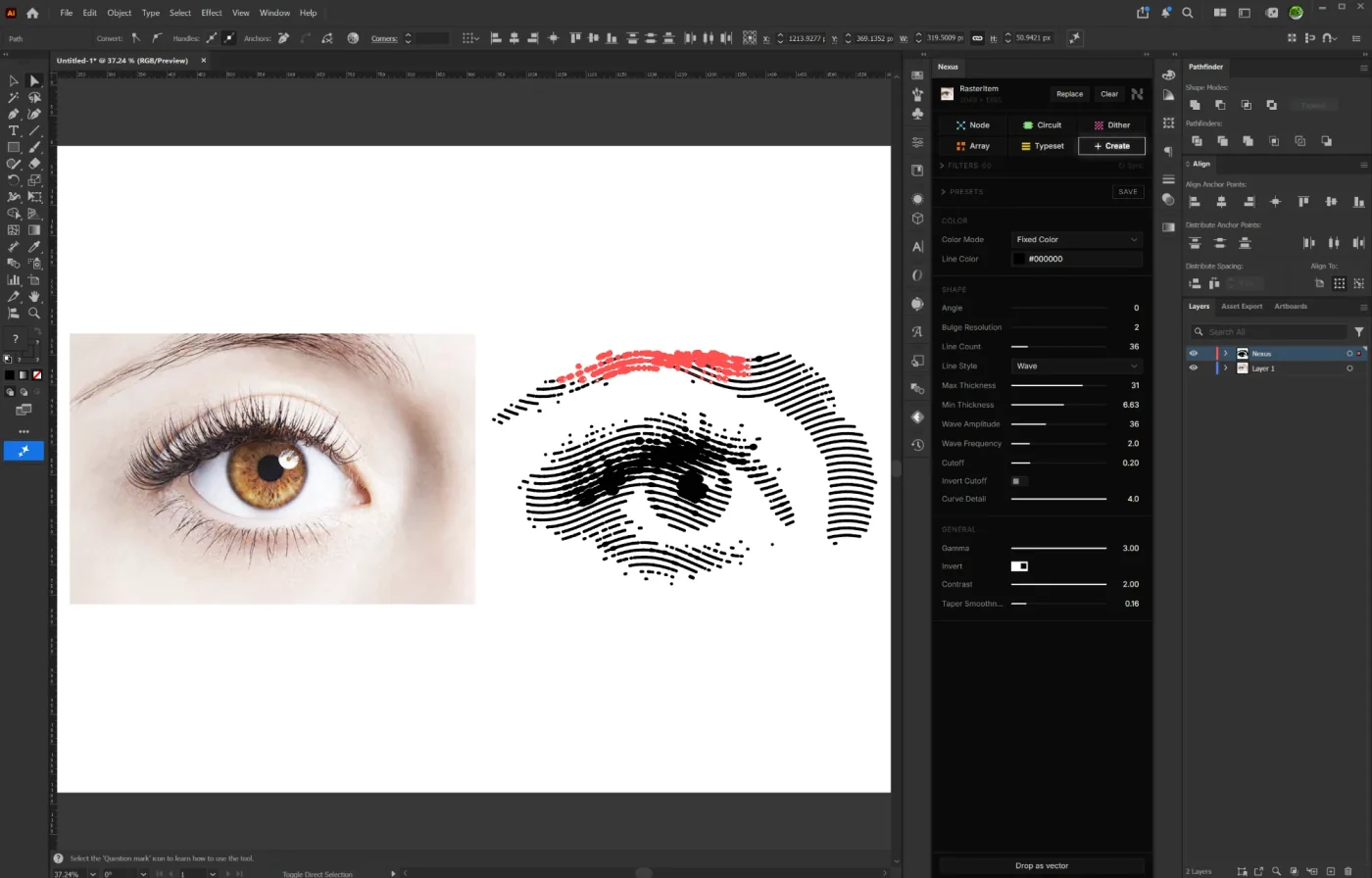 Nexus in Illustrator: an eye photo turned into vector wave lines, with paths selected
