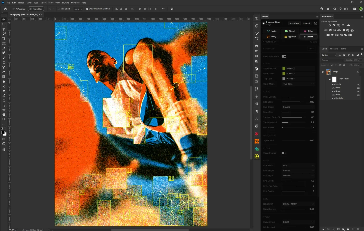 Nexus in Photoshop: three Nexus Smart Filters stacked with Levels and Blur Gallery on one image