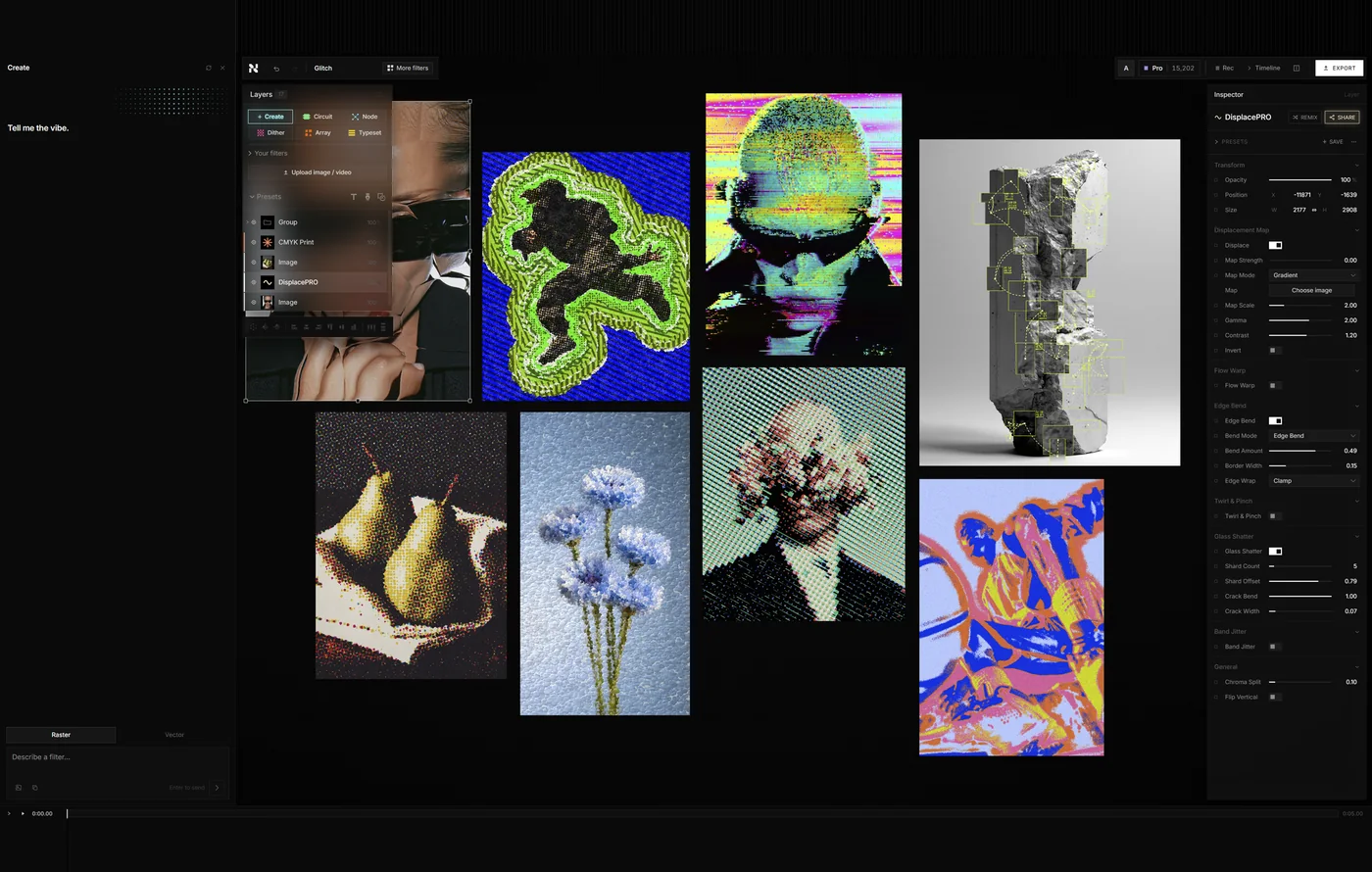 The Nexus web editor: a canvas of filtered images, the Layers stack and the DisplacePRO inspector
