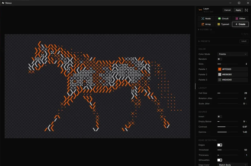 The Nexus window, opened from Affinity, with a look on a horse photo