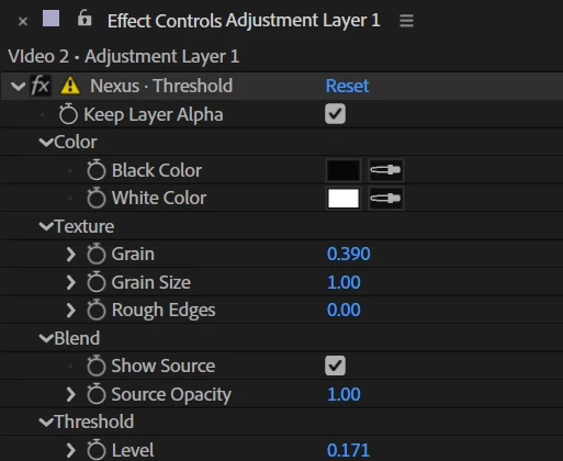 Effect Controls in After Effects: the Nexus Threshold effect with its colors, texture, blend and threshold controls