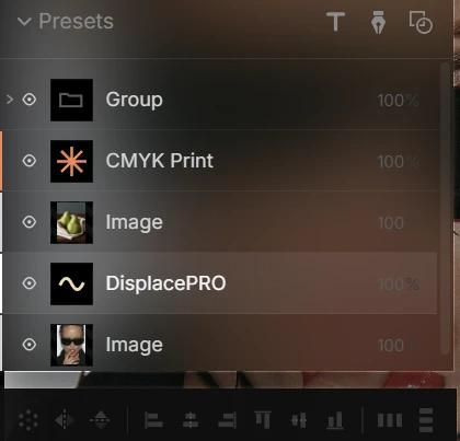 The Nexus Layers stack: a group, CMYK Print and DisplacePRO filters over two images