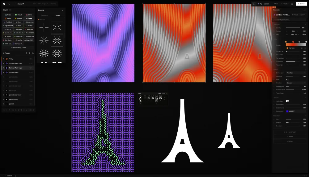 The Nexus editor: layers, filter presets, contour-field filters and an Array filter on the canvas, and the inspector